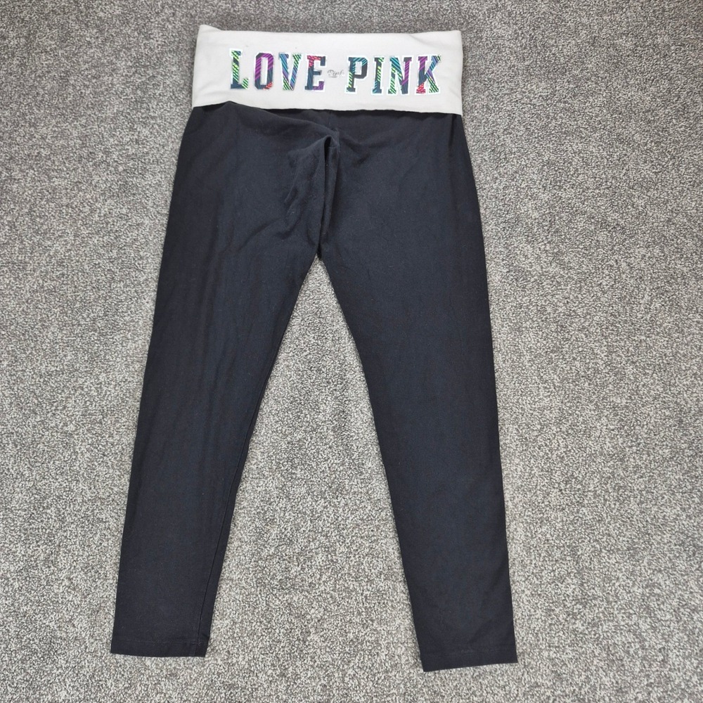 Y2K Pink Victoria's Secret Foldover Yoga Pants Womens Medium Black LOVE PINK